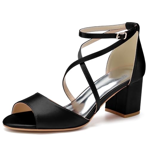 HFWXYSA Frauen Peeptoe Riemchensandalen Blockabsatz Satin Elfenbein Party Abend Prom Hochzeit Brautschuhe,Schwarz,41 EU von HFWXYSA