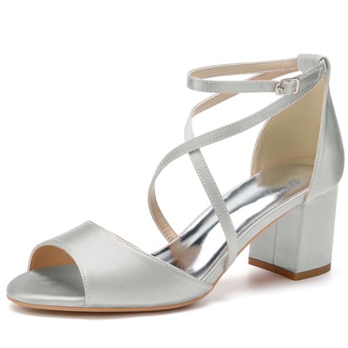HFWXYSA Frauen Peeptoe Riemchensandalen Blockabsatz Satin Elfenbein Party Abend Prom Hochzeit Brautschuhe,Silber,40 EU von HFWXYSA