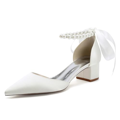HFWXYSA Frauen Perlen Knöchelriemen Hochzeitsschuhe Blockabsatz Pumps Spitze Zehen Satin Party Brautschuhe Sandaletten,Elfenbein,40 EU von HFWXYSA