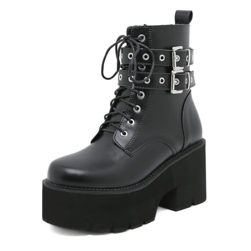 HFWXYSA Frauen Runde Zehen Schnüre-Up Plattform Stiefel Klobige Blockabsätze Besetzt Punk Goth Knöchelstiefel Reißverschluss Kampf Stiefel,Schwarz,38 EU von HFWXYSA