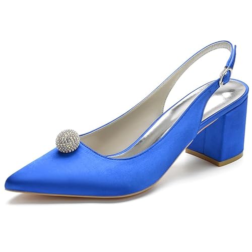 HFWXYSA Frauen Satin Slingback Hochzeitsschuhe Geschlossene Spitze Zehen Blockabsatz Brautschuhe Sandalen mit Strass,Blau,36 EU von HFWXYSA