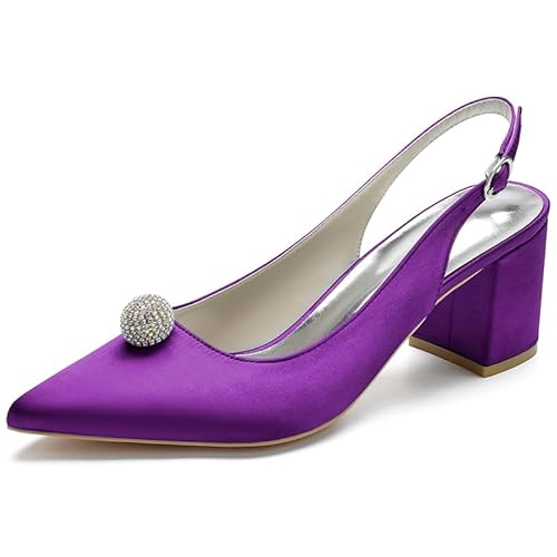 HFWXYSA Frauen Satin Slingback Hochzeitsschuhe Geschlossene Spitze Zehen Blockabsatz Brautschuhe Sandalen mit Strass,Dark Purple,39 EU von HFWXYSA