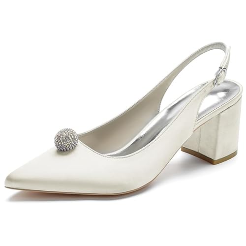 HFWXYSA Frauen Satin Slingback Hochzeitsschuhe Geschlossene Spitze Zehen Blockabsatz Brautschuhe Sandalen mit Strass,Elfenbein,38 EU von HFWXYSA