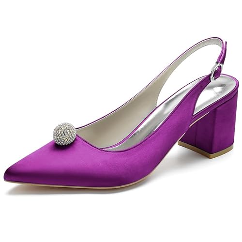 HFWXYSA Frauen Satin Slingback Hochzeitsschuhe Geschlossene Spitze Zehen Blockabsatz Brautschuhe Sandalen mit Strass,Lila,40 EU von HFWXYSA