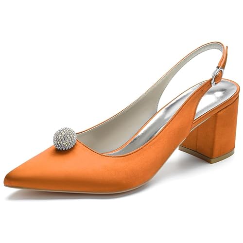 HFWXYSA Frauen Satin Slingback Hochzeitsschuhe Geschlossene Spitze Zehen Blockabsatz Brautschuhe Sandalen mit Strass,Orange,37 EU von HFWXYSA