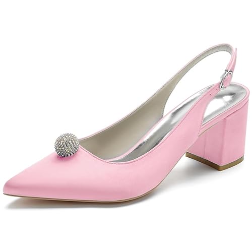 HFWXYSA Frauen Satin Slingback Hochzeitsschuhe Geschlossene Spitze Zehen Blockabsatz Brautschuhe Sandalen mit Strass,Rosa,37 EU von HFWXYSA