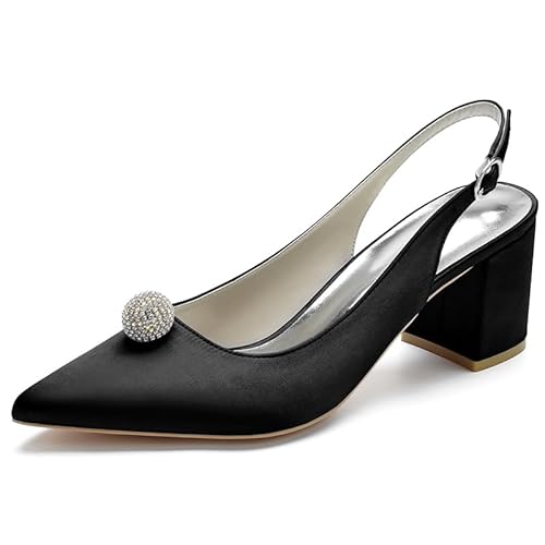 HFWXYSA Frauen Satin Slingback Hochzeitsschuhe Geschlossene Spitze Zehen Blockabsatz Brautschuhe Sandalen mit Strass,Schwarz,36 EU von HFWXYSA
