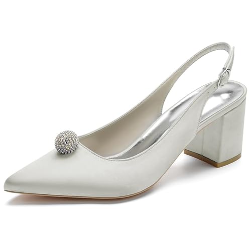 HFWXYSA Frauen Satin Slingback Hochzeitsschuhe Geschlossene Spitze Zehen Blockabsatz Brautschuhe Sandalen mit Strass,Silber,35 EU von HFWXYSA