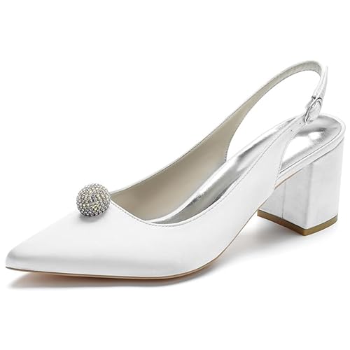 HFWXYSA Frauen Satin Slingback Hochzeitsschuhe Geschlossene Spitze Zehen Blockabsatz Brautschuhe Sandalen mit Strass,Weiß,37 EU von HFWXYSA