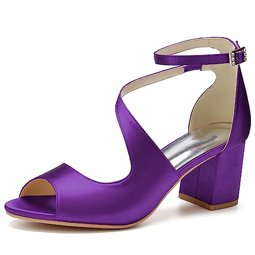 HFWXYSA Frauen Slingback Brautschuhe Sandalen Blockabsatz Riemchen Peep Zehen Satin Hochzeitsschuhe,Dark Purple,37 EU von HFWXYSA