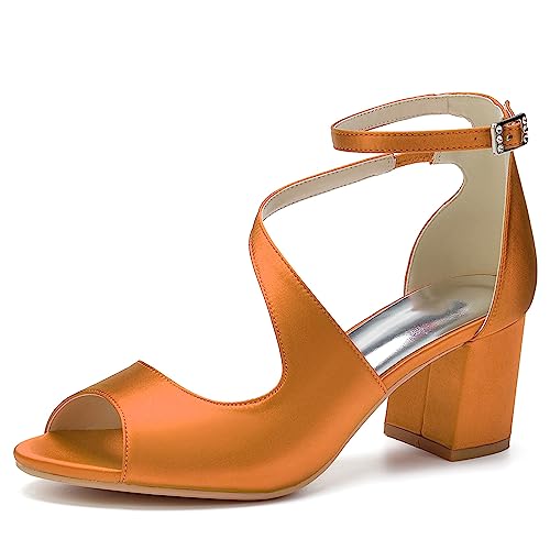 HFWXYSA Frauen Slingback Brautschuhe Sandalen Blockabsatz Riemchen Peep Zehen Satin Hochzeitsschuhe,Orange,41 EU von HFWXYSA