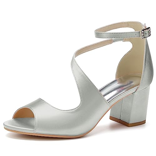 HFWXYSA Frauen Slingback Brautschuhe Sandalen Blockabsatz Riemchen Peep Zehen Satin Hochzeitsschuhe,Silber,37 EU von HFWXYSA