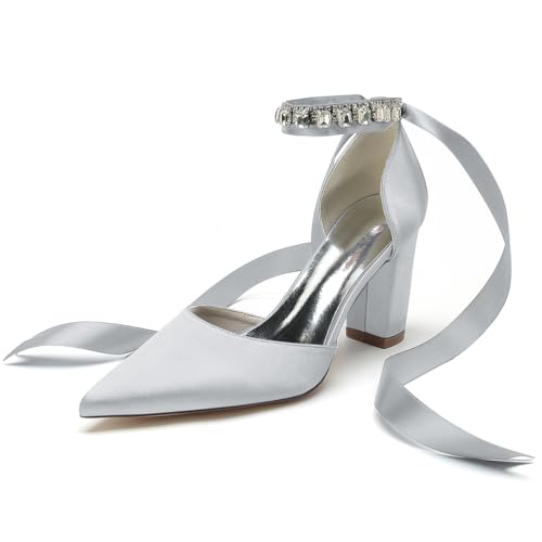 HFWXYSA Frauen spitze Zehen Satin Brautschuhe Block Chunky Heel Hochzeit Pumps Strass Band Krawatte Abend Party Kleid Schuhe,Silber,42 EU von HFWXYSA