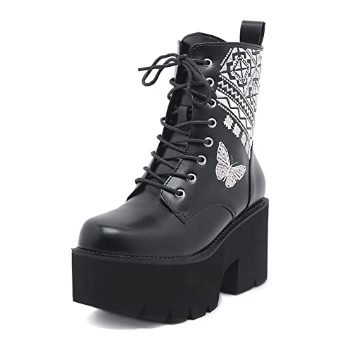 HFWXYSA Goth Plateau Stiefeletten für Damen Chunky Block Heels Nieten Schnallen Motorradstiefel Bequem Kurz Booties,Schwarz,38 EU von HFWXYSA