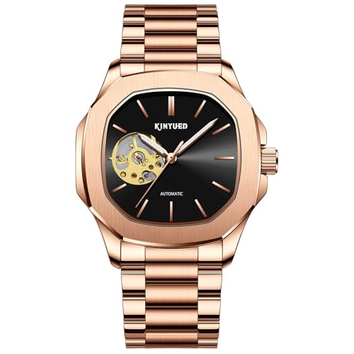 HFWXYSA Herren Automatik Mechanisch Armbanduhr Edelstahl Metallarmband Tourbillon Kalender Leuchtend Zeiger Geschäft Multifunktionen Armbanduhr Wasserdicht Uhr,Rose von HFWXYSA