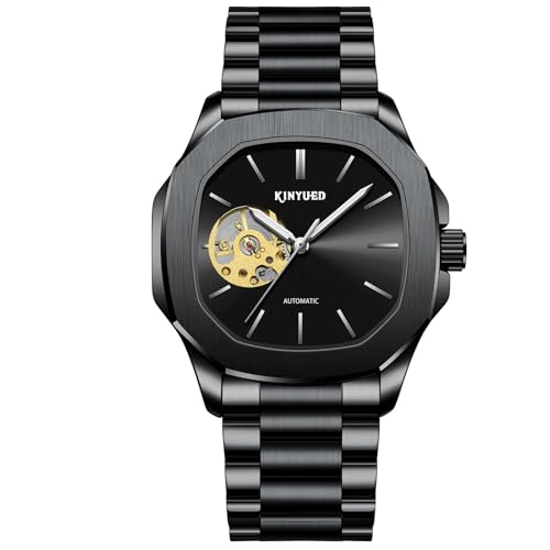 HFWXYSA Herren Automatik Mechanisch Armbanduhr Edelstahl Metallarmband Tourbillon Kalender Leuchtend Zeiger Geschäft Multifunktionen Armbanduhr Wasserdicht Uhr,Schwarz von HFWXYSA