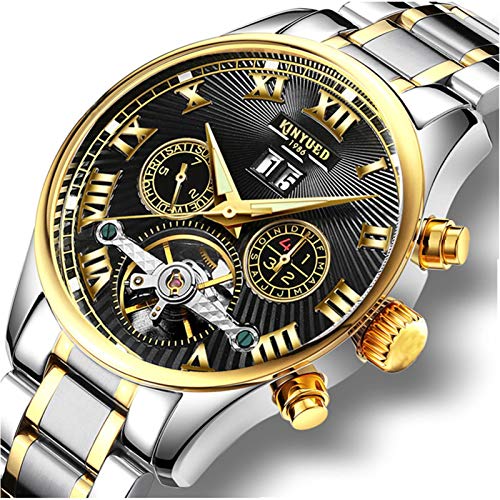 HFWXYSA Herren Automatik Mechanisch Armbanduhr Edelstahl Metallarmband Tourbillon Kalender Leuchtend Zeiger Multifunktionen Armbanduhr Wasserdicht Uhr,Gold von HFWXYSA