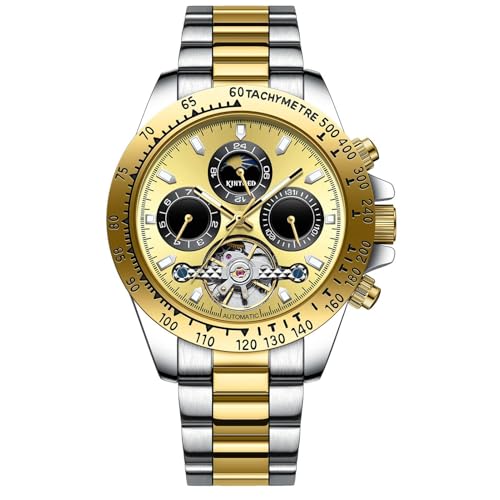 HFWXYSA Herren Automatik Mechanisch Armbanduhr Edelstahl Metallarmband Tourbillon Kalender Leuchtend Zeiger Multifunktionen Armbanduhr Wasserdicht Uhr,Gold von HFWXYSA