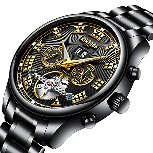 HFWXYSA Herren Automatik Mechanisch Armbanduhr Edelstahl Metallarmband Tourbillon Kalender Leuchtend Zeiger Multifunktionen Armbanduhr Wasserdicht Uhr,Schwarz von HFWXYSA