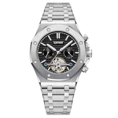 HFWXYSA Herren Automatik Mechanisch Armbanduhr Edelstahl Metallarmband Tourbillon Kalender Leuchtend Zeiger Multifunktionen Armbanduhr Wasserdicht Uhr,Schwarz von HFWXYSA