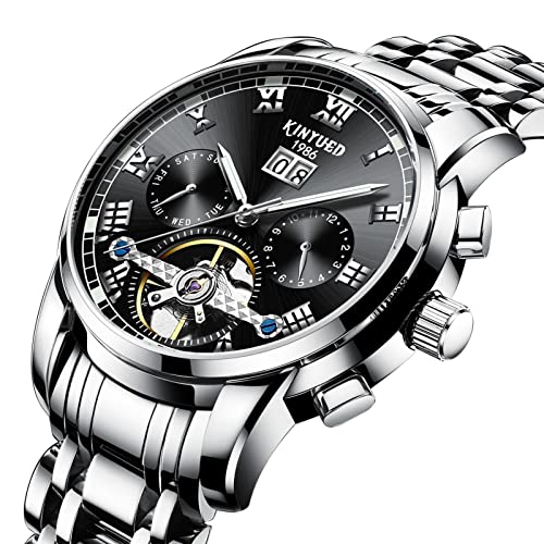 HFWXYSA Herren Automatik Mechanisch Armbanduhr Edelstahl Metallarmband Tourbillon Kalender Leuchtend Zeiger Multifunktionen Armbanduhr Wasserdicht Uhr,Schwarz von HFWXYSA
