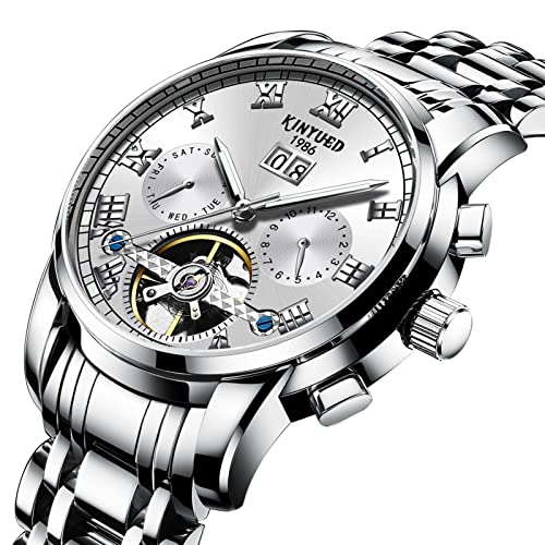 HFWXYSA Herren Automatik Mechanisch Armbanduhr Edelstahl Metallarmband Tourbillon Kalender Leuchtend Zeiger Multifunktionen Armbanduhr Wasserdicht Uhr,Silber von HFWXYSA