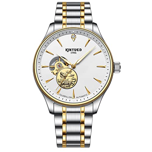HFWXYSA Herren Automatik Mechanisch Armbanduhr Edelstahl Metallarmband Tourbillon Kalender Leuchtend Zeiger Multifunktionen Armbanduhr Wasserdicht Uhr,Weiß von HFWXYSA