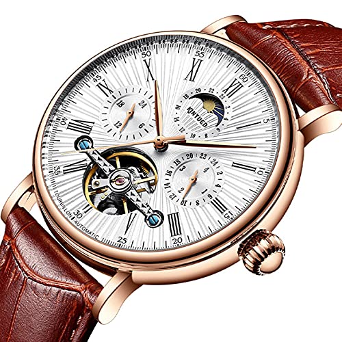 HFWXYSA Herren Luxus Skelett Automatik Mechanische Armbanduhr Leder Mond Spruch Leuchtzeiger Selbstaufzug Uhr Tourbillon Automatische wasserdichte Armbanduhr, Rosenweiß von HFWXYSA