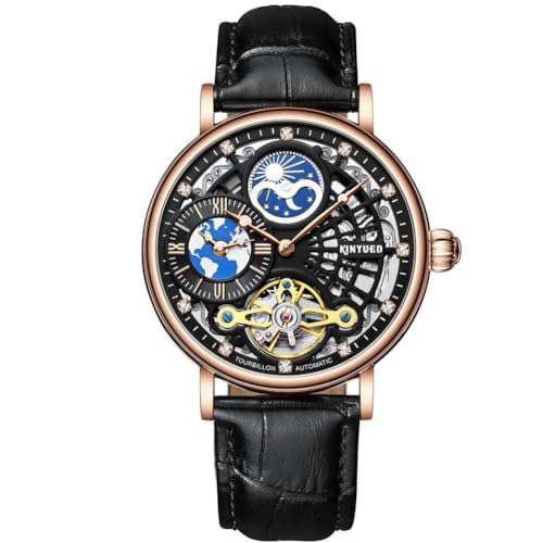 HFWXYSA Herren Luxus Skelett automatische mechanische Armbanduhren Leder Mond singende Hände Selbstwinduhr, Tourbillon automatische wasserdichte Kristall Armbanduhr für Männer Geschenk,schwarz von HFWXYSA