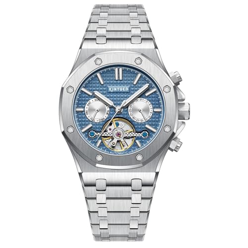 HFWXYSA Herren Uhren Mode Automatische Mechanische wasserdichte Armbanduhr Männer Skeleton Tourbillon Edelstahl Uhr,Blau von HFWXYSA