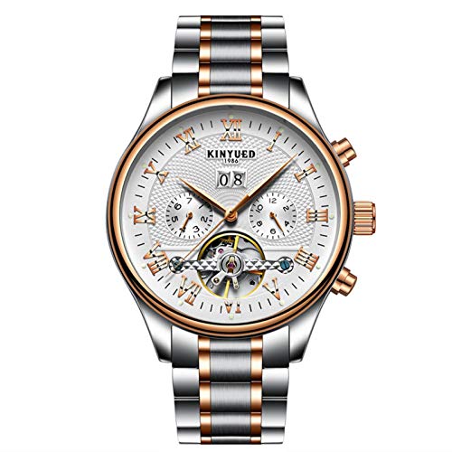 HFWXYSA Herrenuhr Automatik Mechanisch Edelstahl Wasserdicht Uhren Herren Mode Casual Tourbillon Uhren Herren Armbanduhr, Weiß Rose Gold, Armband von HFWXYSA