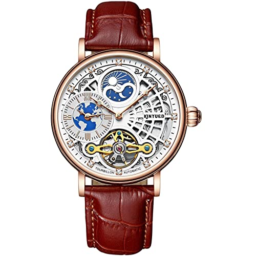 HFWXYSA Herrenuhr Leder Skelett Automatik Mechanisch Tourbillon Kalender Mondphase Leuchtend Wasserdicht Luxus Business Armbanduhr, braun von HFWXYSA