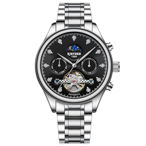 HFWXYSA Herrenuhren Automatik Mechanische Schwarz Armbanduhr mit Skelettiertem Tourbillon Kalender Wasserdicht Klassische Luxus Armbanduhren für Herren,Schwarz von HFWXYSA