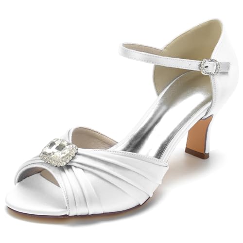 HFWXYSA Hochzeitsschuhe Damen Knöchelriemen Kätzchen Absatz Brautschuhe Peep Toe Abendgesellschaft Schuhe,Weiß,39 EU von HFWXYSA