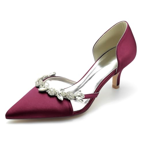 HFWXYSA Kitten Heel Pumps Für Damen Satin Geschlossene Zehe Slip on Kleiderschuhe Hochzeitsschuhe Für Braut Mit Strass,Burgundy,38 EU von HFWXYSA