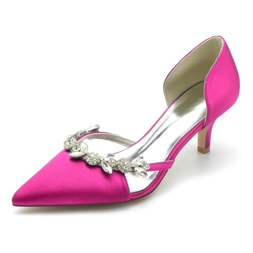 HFWXYSA Kitten Heel Pumps Für Damen Satin Geschlossene Zehe Slip on Kleiderschuhe Hochzeitsschuhe Für Braut Mit Strass,Fuchsia,38 EU von HFWXYSA