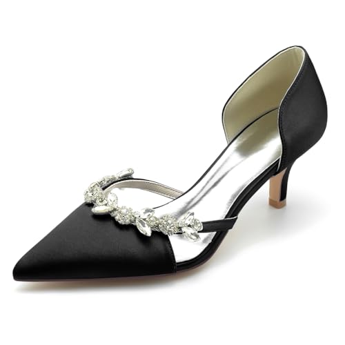 HFWXYSA Kitten Heel Pumps Für Damen Satin Geschlossene Zehe Slip on Kleiderschuhe Hochzeitsschuhe Für Braut Mit Strass,Schwarz,42 EU von HFWXYSA