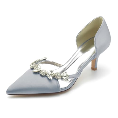 HFWXYSA Kitten Heel Pumps Für Damen Satin Geschlossene Zehe Slip on Kleiderschuhe Hochzeitsschuhe Für Braut Mit Strass,Silber,38 EU von HFWXYSA