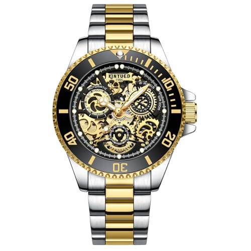 HFWXYSA Mechanische Herrenuhr Automatik Armbanduhr Luminous Pointer mit Edelstahlarmband Zifferblatt Skelett Uhr, Gold von HFWXYSA