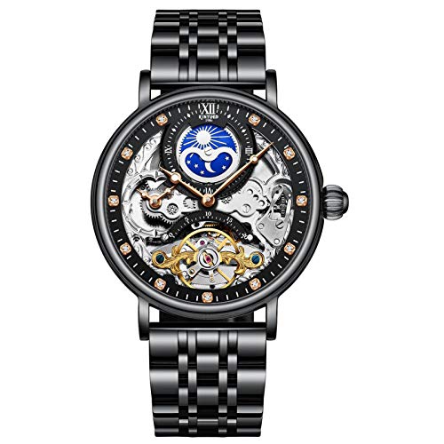 HFWXYSA Mode Edelstahl Automatische Mechanische Armbanduhr Luxus Diamant Tourbillon Skeleton Uhren Für Männer,Schwarz von HFWXYSA