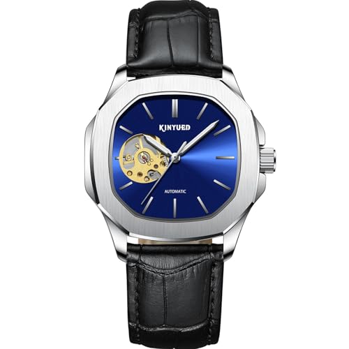HFWXYSA Mode Herren Uhr Automatikuhr Mechanische Armbanduhr Mit Lederlband Wasserdicht Tourbillon Uhren Für Männer Herren,Silber von HFWXYSA