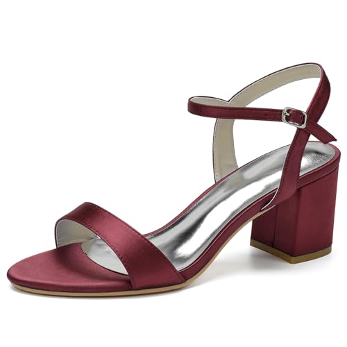 HFWXYSA Sandaletten Damen Offene Zehen Riemchensandalen Blockabsatz Satin Brautschuhe Für Hochzeit,Burgundy,39 EU von HFWXYSA