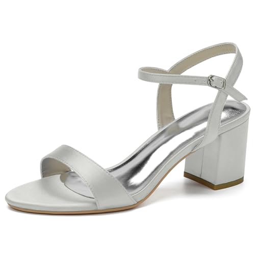 HFWXYSA Sandaletten Damen Offene Zehen Riemchensandalen Blockabsatz Satin Brautschuhe Für Hochzeit,Silber,43 EU von HFWXYSA