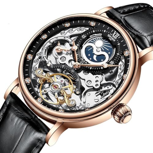HFWXYSA Skeleton Uhren Für Herren Automatische Mechanische Selbstaufzug Tourbillon Lederband Luxus Kleid Mond Phase Armbanduhren Wasserdicht Leuchtend,Rose gold von HFWXYSA