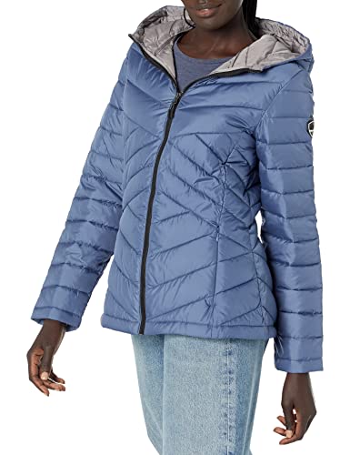 HFX Damen Kurze, Reißverschluss und Vordertaschen, Kapuze, 63,5 cm, verstaubarer Puffermantel Leichte Steppjacke, Stahlblau, XL von HFX