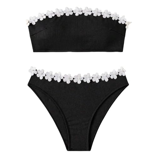HFYRBDKSPI Damen Zweiteiliger Badeanzug mit Blumenbesatz Tube-Top Hoch Geschnittene Unterseite Geripptes Bikini-Set Trägerloser Badeanzug,Schwarz,L HFYRBDKSPI Damen Zweiteiliger Badeanzug mit Blumenbesatz Tube-Top Hoch Geschnittene Unterseite Geripptes Bikini-Set Trägerloser Badeanzug,Schwarz,L von HFYRBDKSPI