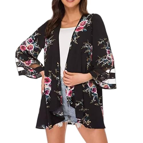 HGJH Strandtunika,Kimono Cardigan Damen Druck Schwarz Chiffon Blusen Schal Tunika Shrugs Party Tops Casual Beach Bikini Cover Ups Leichte Cardigans Mit Offener Vorderseite Für Mädchen Damen,S von HGJH