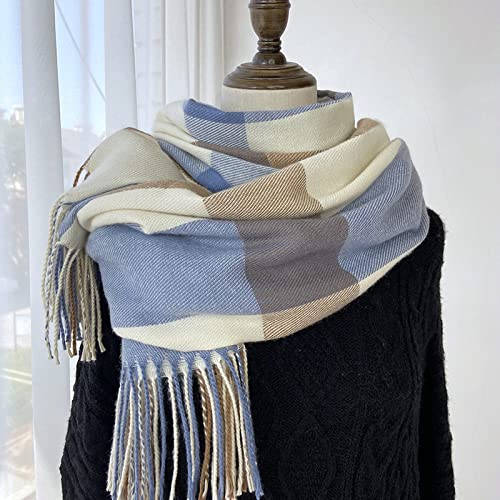 WLLDDDIU Strickschal Damen,Winterschals Kontrastmode Gitterquaste Weicher Warmer Schal Dicke Decke Blau Braun Der Weiche Haptik-Schal Winterschal Trendige Stola-Schals Für Frauen Mädchen von HGJH