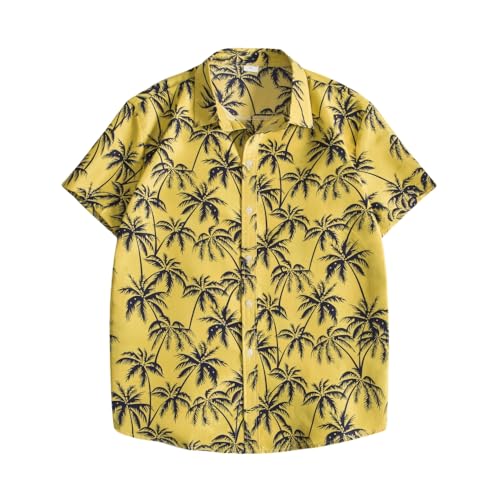 Herren Hemd Kurzarm, Lässige Leinenhemden Herren Schwarz Kokosnussbaum Print Gelb Hawaiihemd Anzug Kragen Button Down Top Ethno-Stil Kurzarmhemden Für Herren Beach,L von HGJH