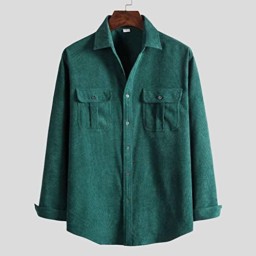 Herren Hemd Langarm, Herren Langarm Retro Cordhemd Henry Hemd Jacke Dunkelgrün Thermohemd Futter Großvater Hemd Revers Knöpfe Bequem Lässiges Arbeitshemd Für Herren Jungen,L von HGJH